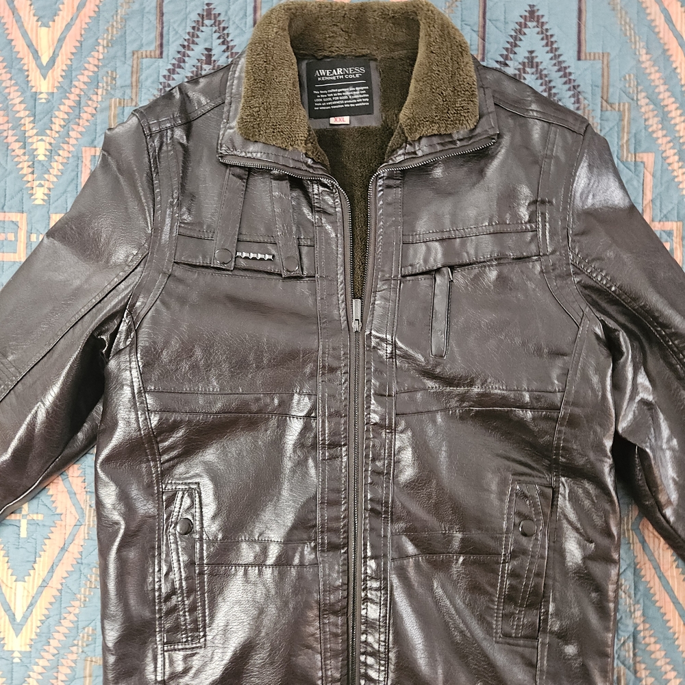 Kenneth Cole Awareness Dark Brown Faux‎ Leather Bomber Jacket